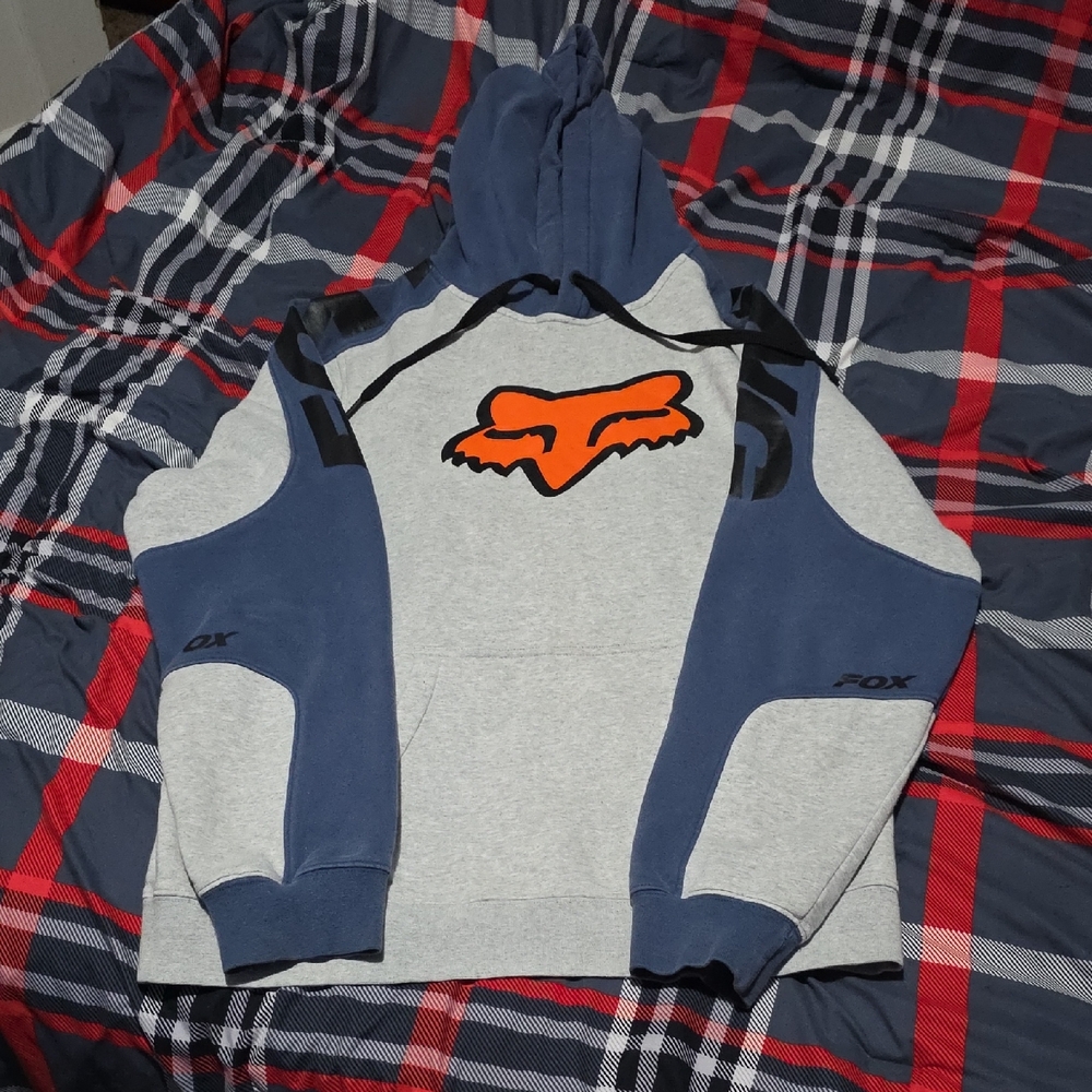 Fox Men's Hoodie in Gray and Blue with Orange Logo